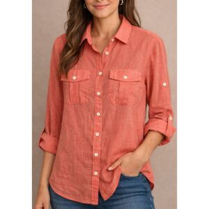 J.Crew Button Up Shirt Women’s XS Red Coral Roll Tab Convertible Sleeve Blouse